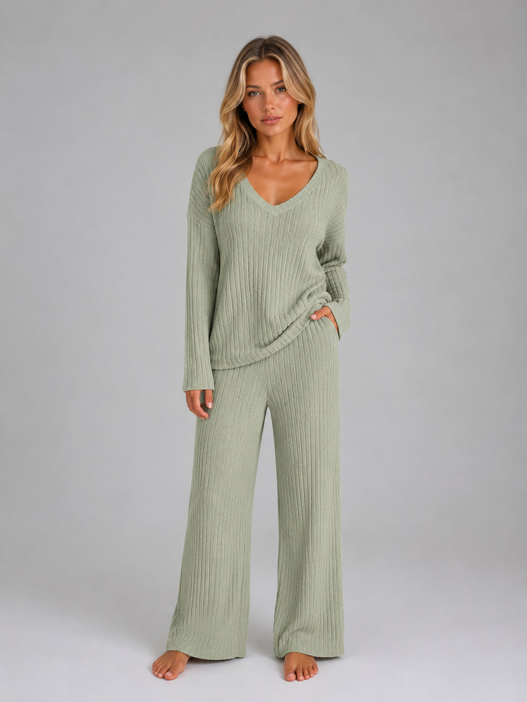 Women's Ribbed Knit Lounge Set – V-Neck Sweater & Wide Leg Pants Set