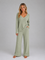 Women's Ribbed Knit Lounge Set – V-Neck Sweater & Wide Leg Pants Set