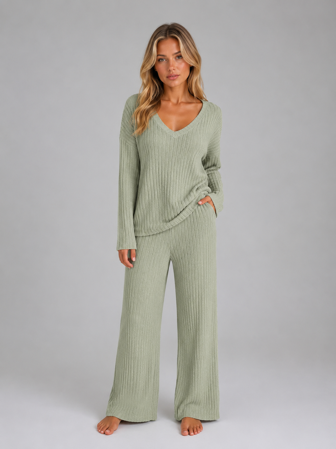 Women's Ribbed Knit Lounge Set – V-Neck Sweater & Wide Leg Pants Set