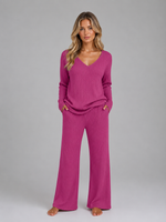 Women's Ribbed Knit Lounge Set – V-Neck Sweater & Wide Leg Pants Set
