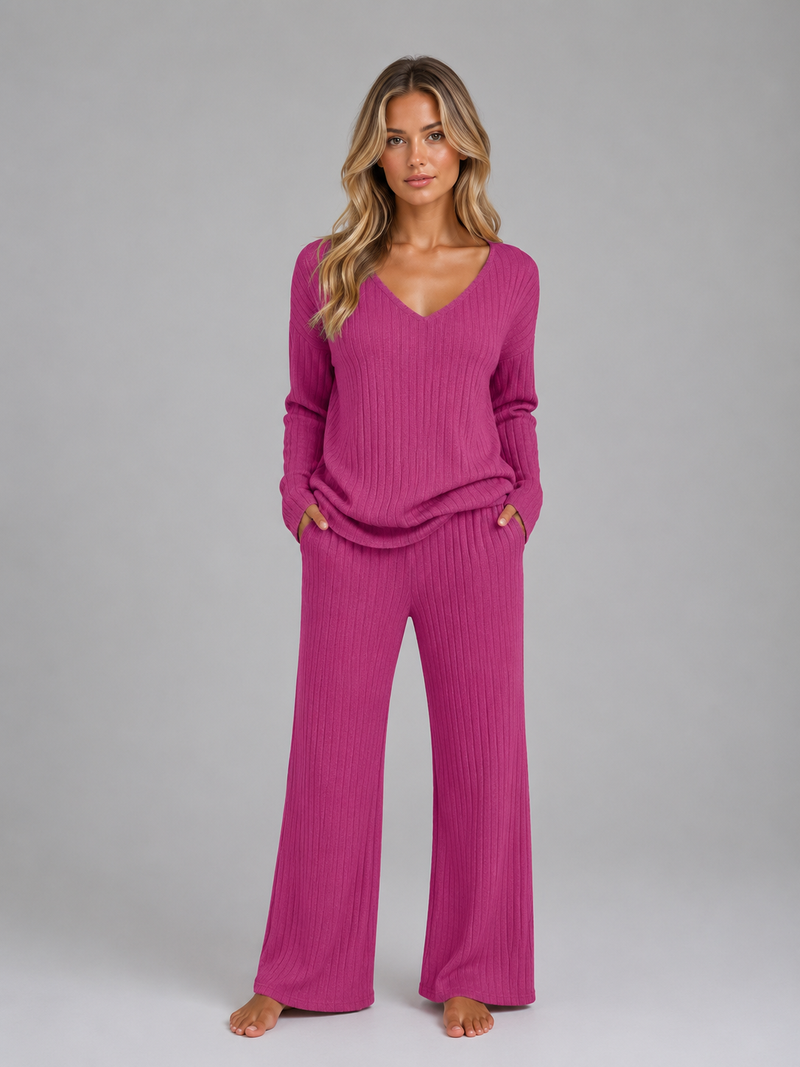 Women's Ribbed Knit Lounge Set – V-Neck Sweater & Wide Leg Pants Set