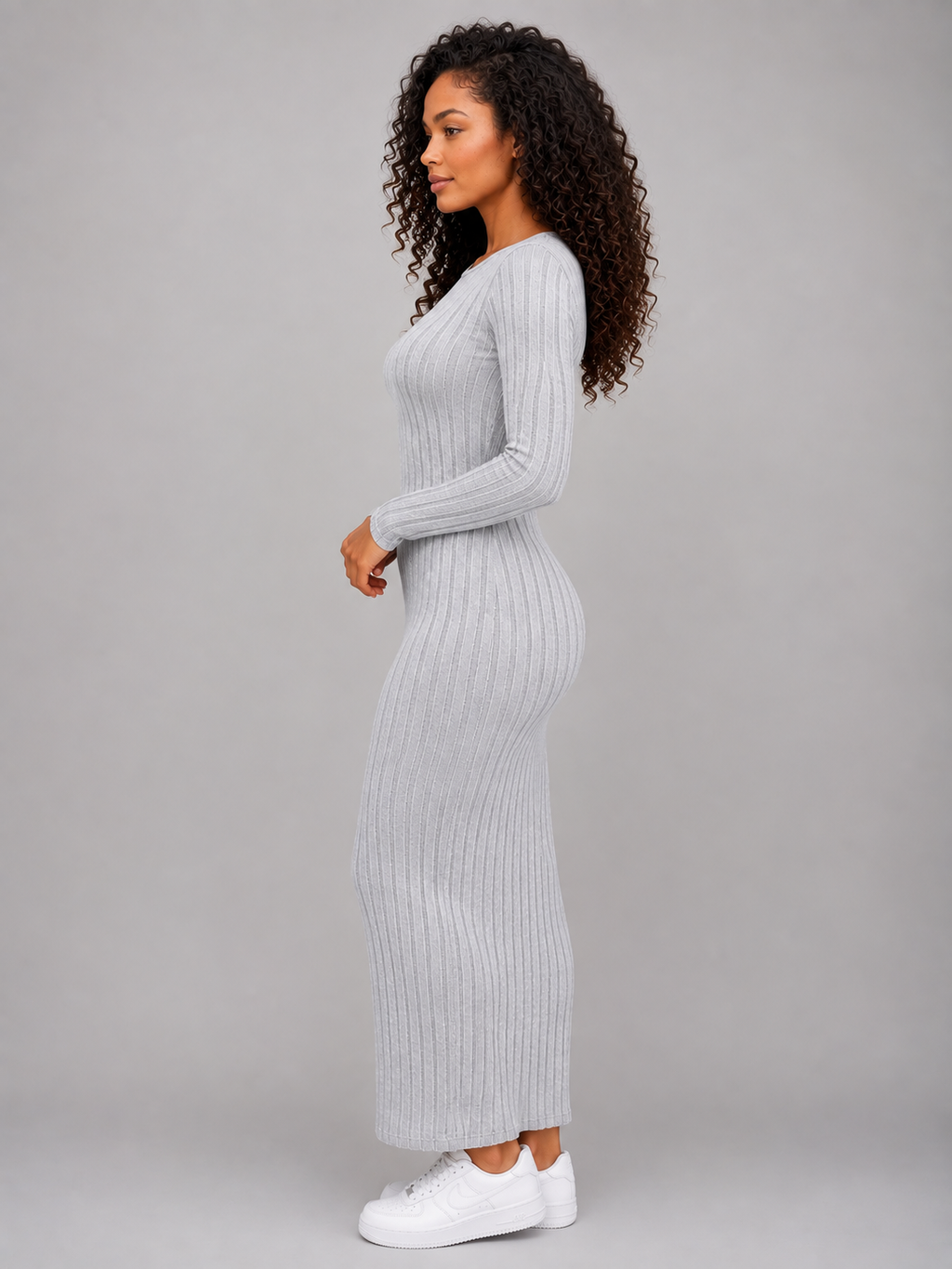 Women's Ribbed Knit Maxi Dress – Long Sleeve Bodycon Fit