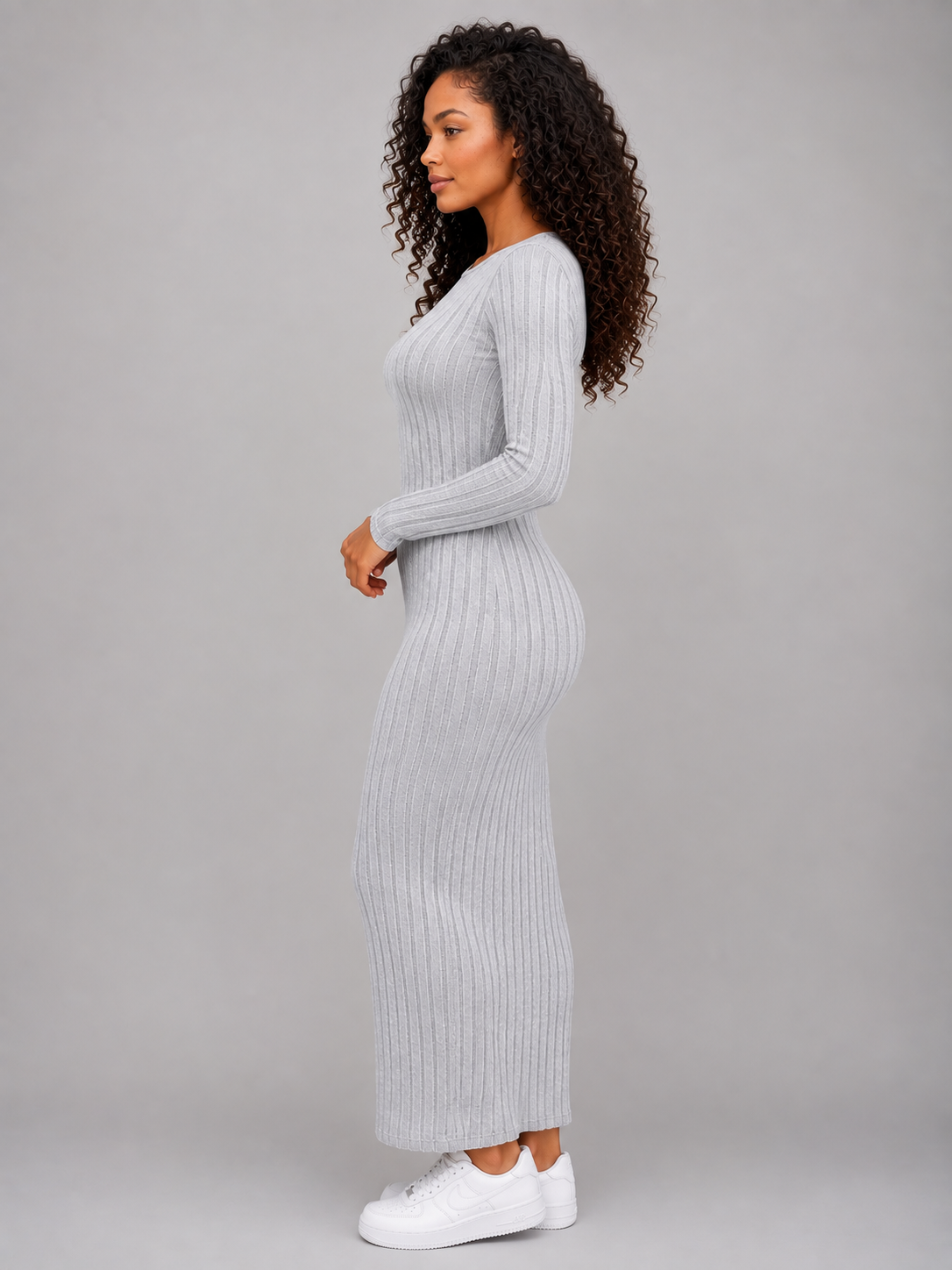 Women's Ribbed Knit Maxi Dress – Long Sleeve Bodycon Fit