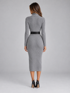 Women’s Ribbed Knit Midi Dress – Belted Turtleneck Sweater Dress