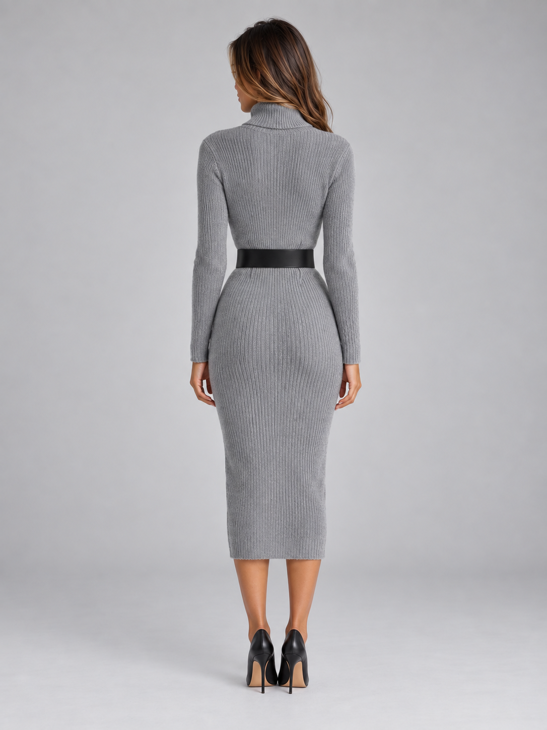 Women’s Ribbed Knit Midi Dress – Belted Turtleneck Sweater Dress
