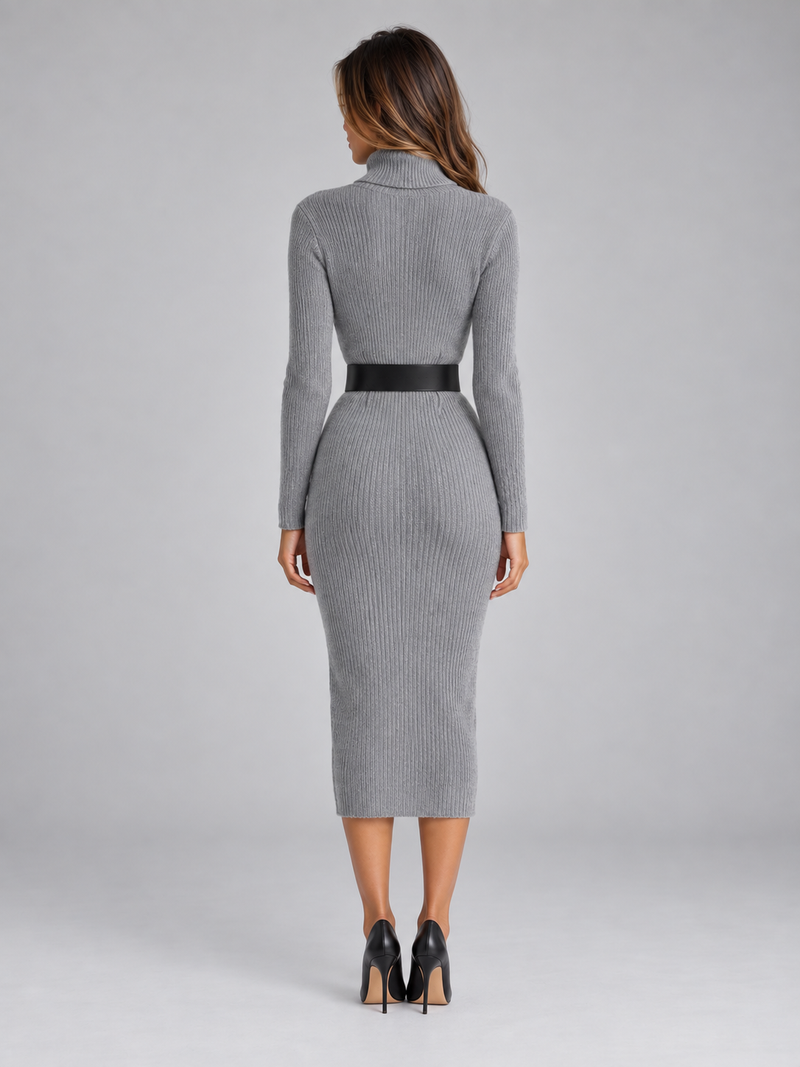 Women’s Ribbed Knit Midi Dress – Belted Turtleneck Sweater Dress