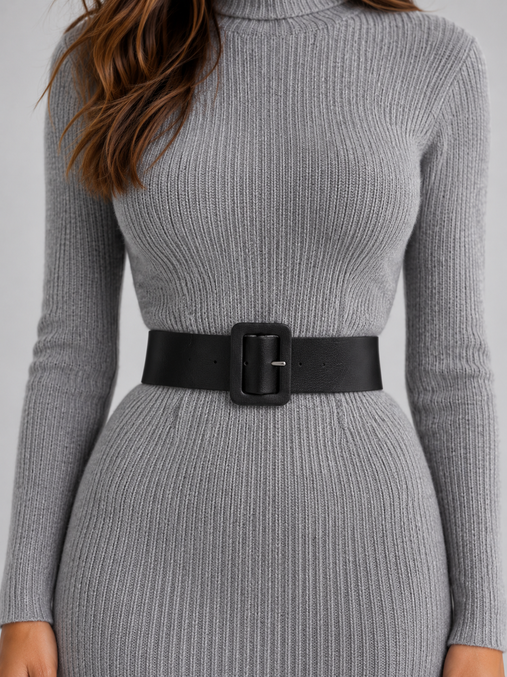 Women’s Ribbed Knit Midi Dress – Belted Turtleneck Sweater Dress