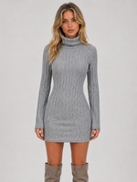 Women’s Ribbed Knit Mini Dress – Turtleneck Fitted Long Sleeve
