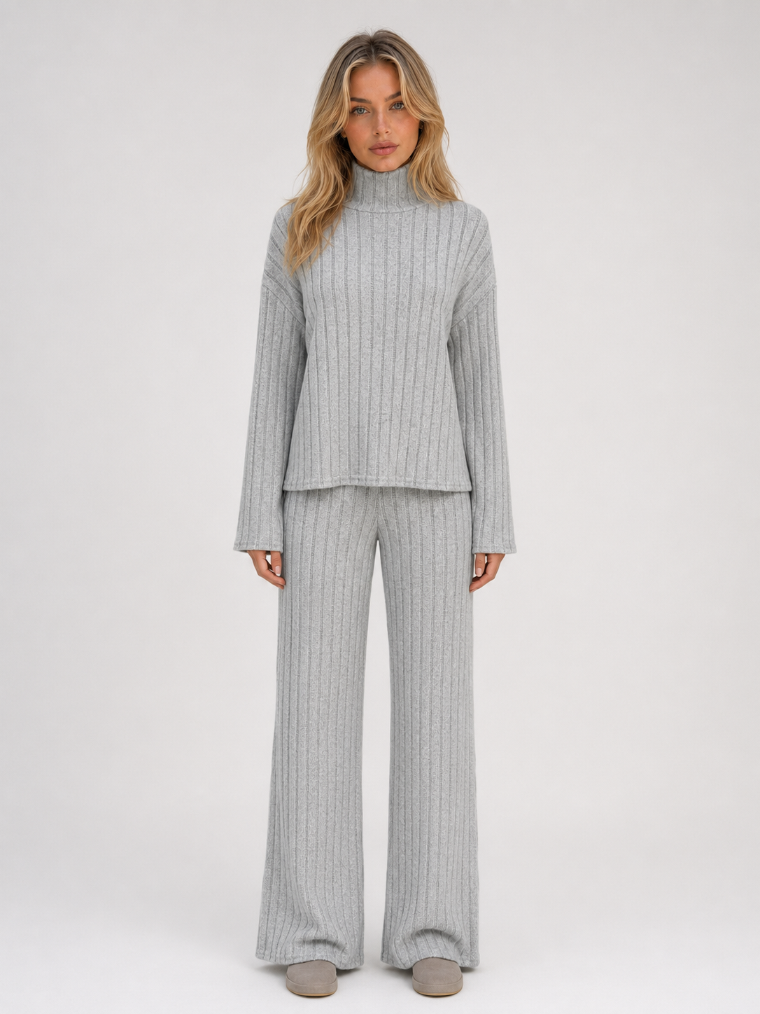 Women's Ribbed Knitted Lounge Set – Roll Neck Sweater & Wide Leg Pants