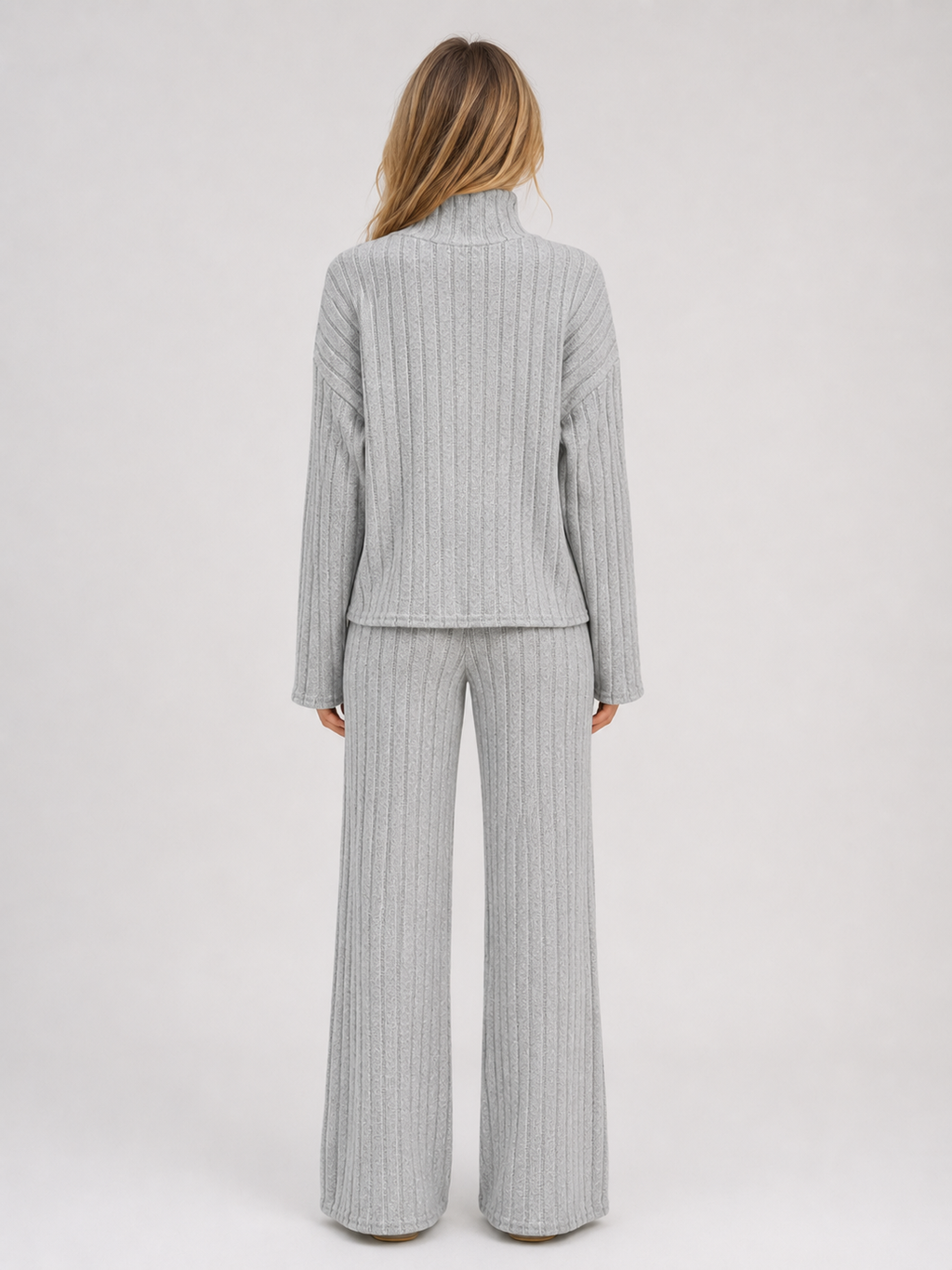 Women's Ribbed Knitted Lounge Set – Roll Neck Sweater & Wide Leg Pants