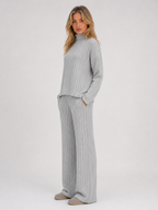 Women's Ribbed Knitted Lounge Set – Roll Neck Sweater & Wide Leg Pants