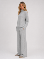 Women's Ribbed Knitted Lounge Set – Roll Neck Sweater & Wide Leg Pants
