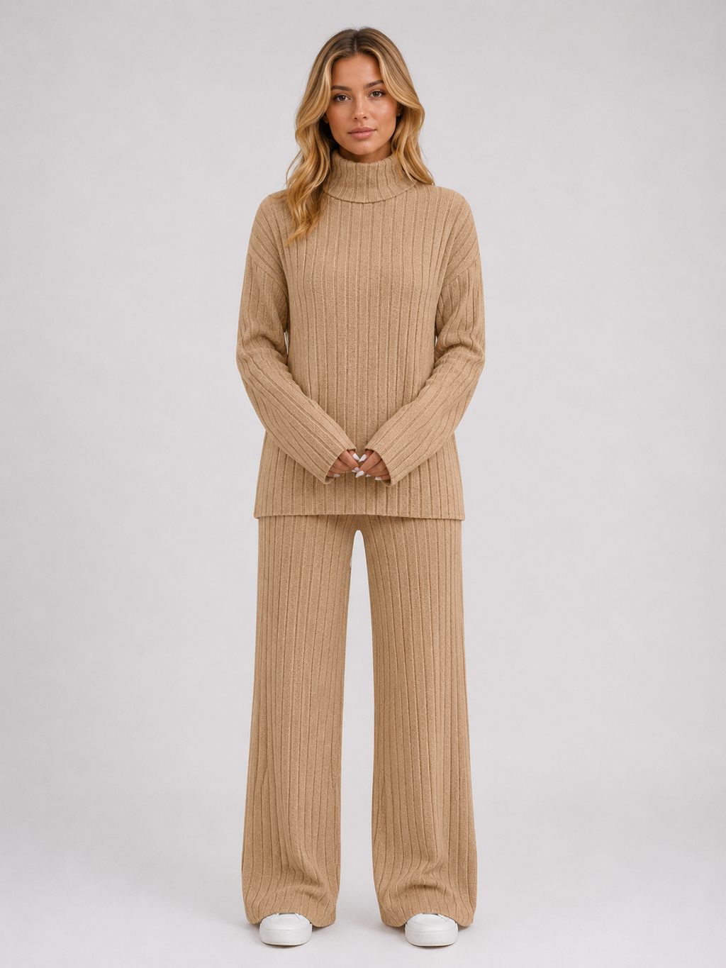 Women's Ribbed Knitted Lounge Set – Roll Neck Sweater & Wide Leg Pants