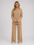 Women's Ribbed Knitted Lounge Set – Roll Neck Sweater & Wide Leg Pants
