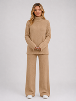 Women's Ribbed Knitted Lounge Set – Roll Neck Sweater & Wide Leg Pants