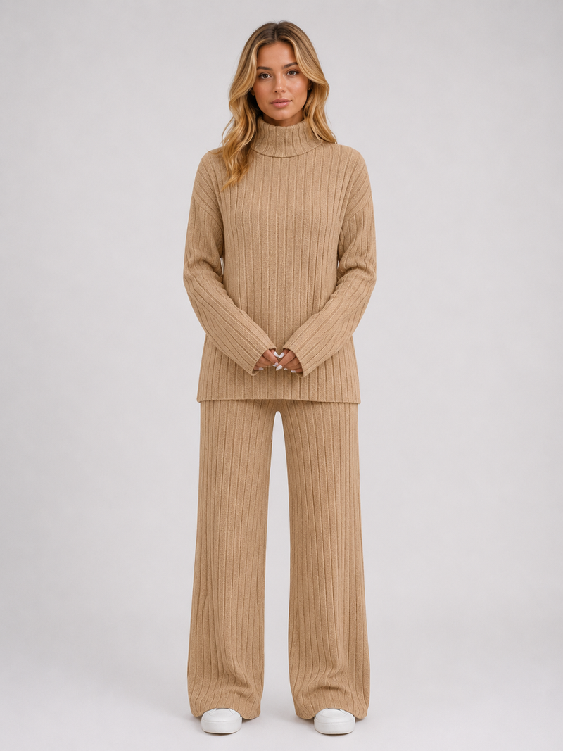 Women's Ribbed Knitted Lounge Set – Roll Neck Sweater & Wide Leg Pants