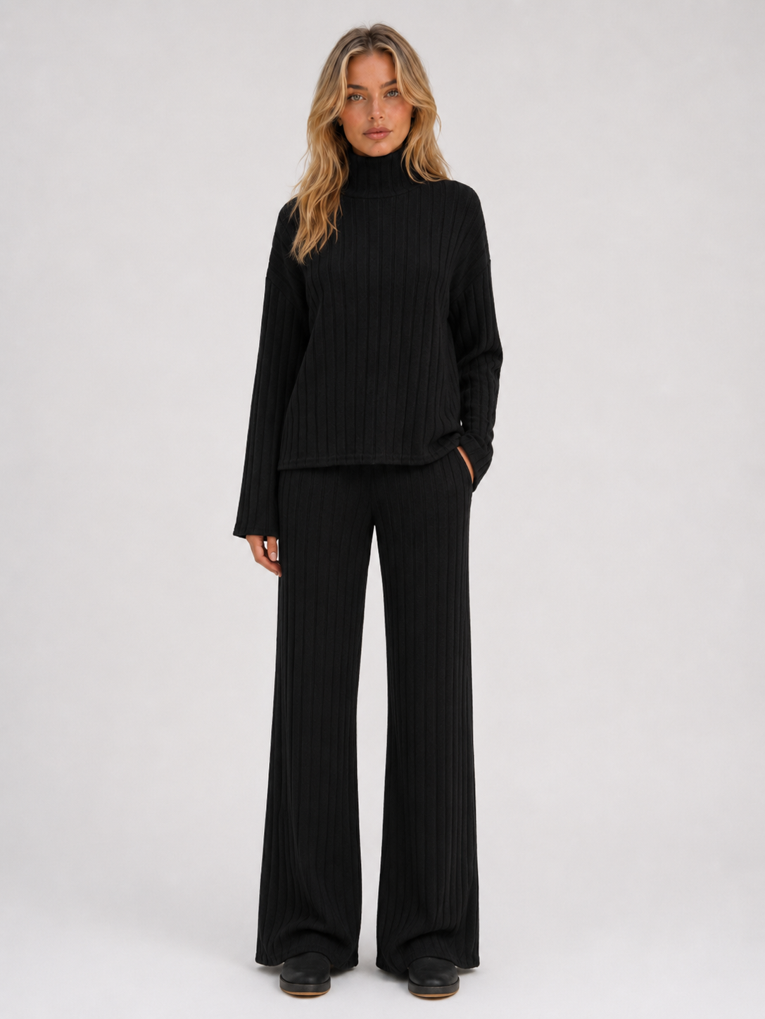 Women's Ribbed Knitted Lounge Set – Roll Neck Sweater & Wide Leg Pants