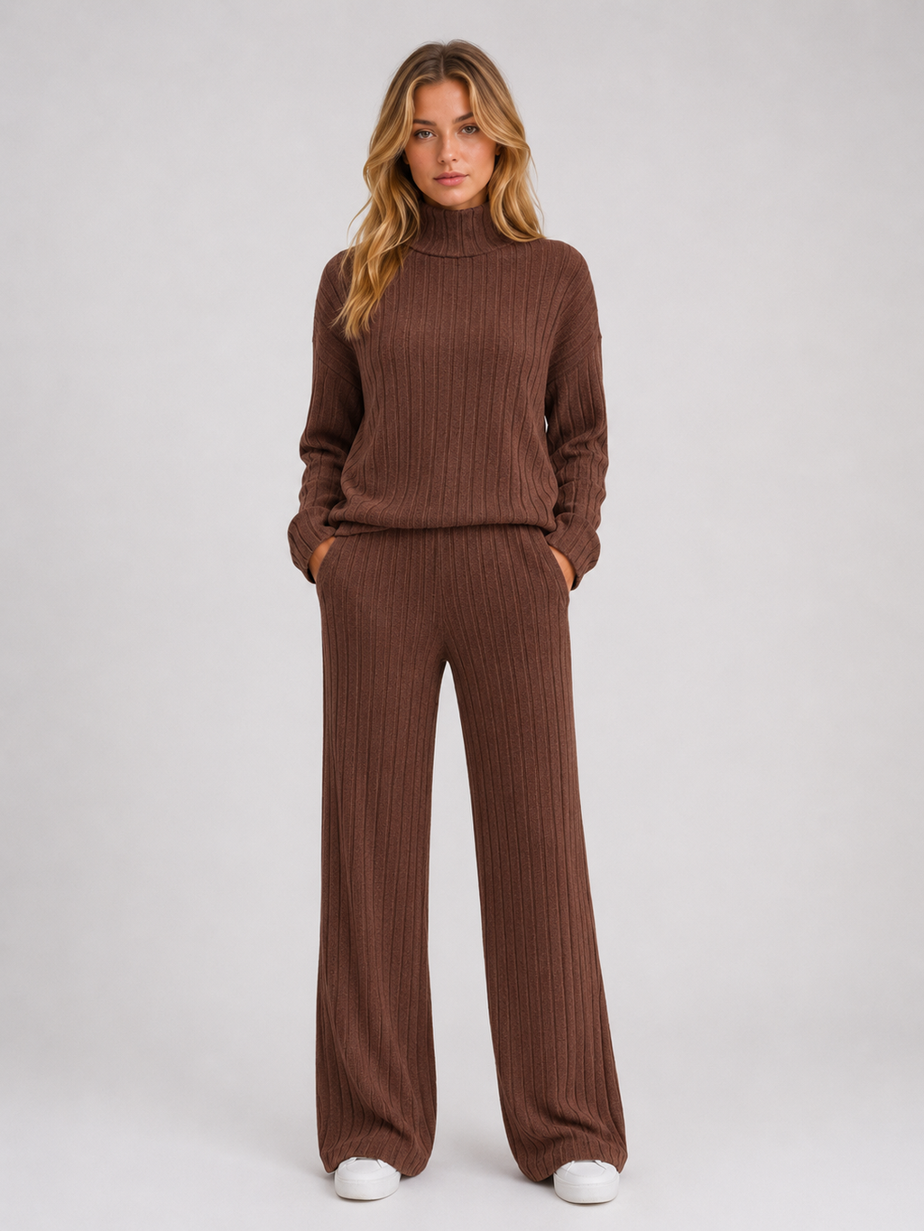 Women's Ribbed Knitted Lounge Set – Roll Neck Sweater & Wide Leg Pants