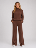 Women's Ribbed Knitted Lounge Set – Roll Neck Sweater & Wide Leg Pants