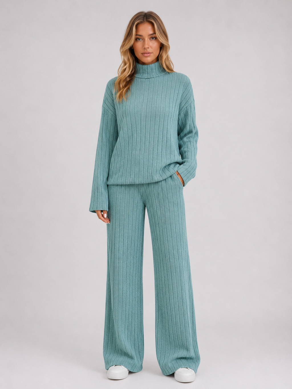 Women's Ribbed Knitted Lounge Set – Roll Neck Sweater & Wide Leg Pants