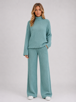 Women's Ribbed Knitted Lounge Set – Roll Neck Sweater & Wide Leg Pants