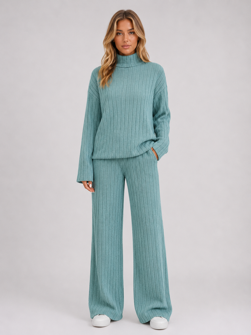 Women's Ribbed Knitted Lounge Set – Roll Neck Sweater & Wide Leg Pants