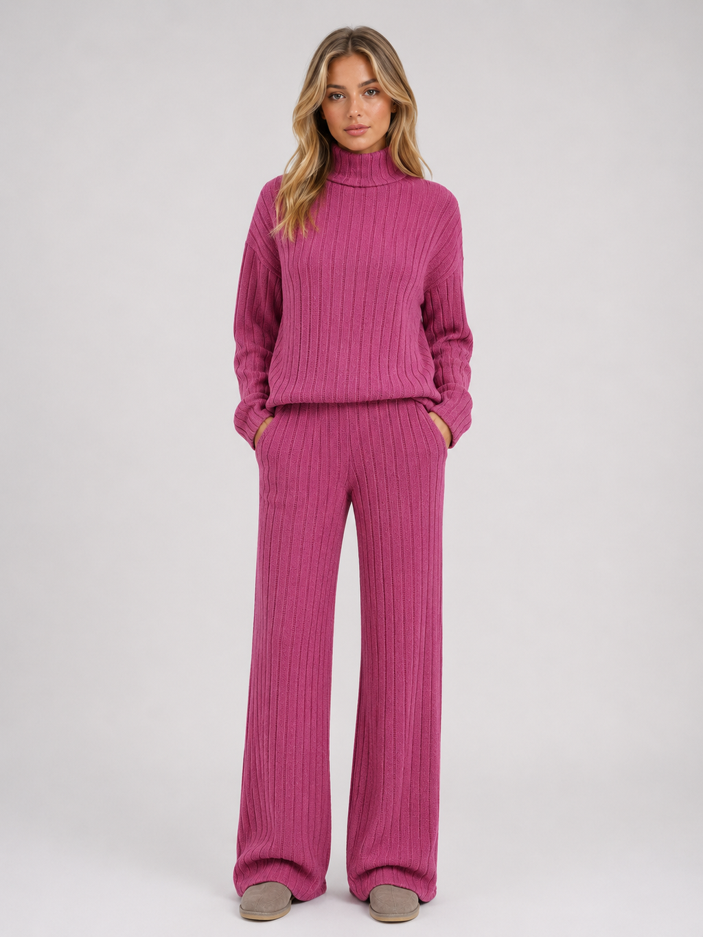 Women's Ribbed Knitted Lounge Set – Roll Neck Sweater & Wide Leg Pants