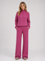 Women's Ribbed Knitted Lounge Set – Roll Neck Sweater & Wide Leg Pants