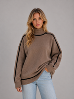 Women's Soft Knit Oversized Turtleneck Sweater – Contrast Trim Cozy Pullover