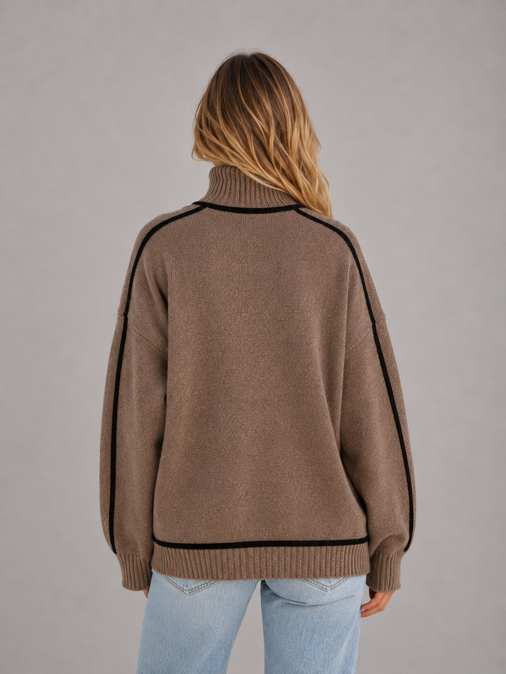Women's Soft Knit Oversized Turtleneck Sweater – Contrast Trim Cozy Pullover