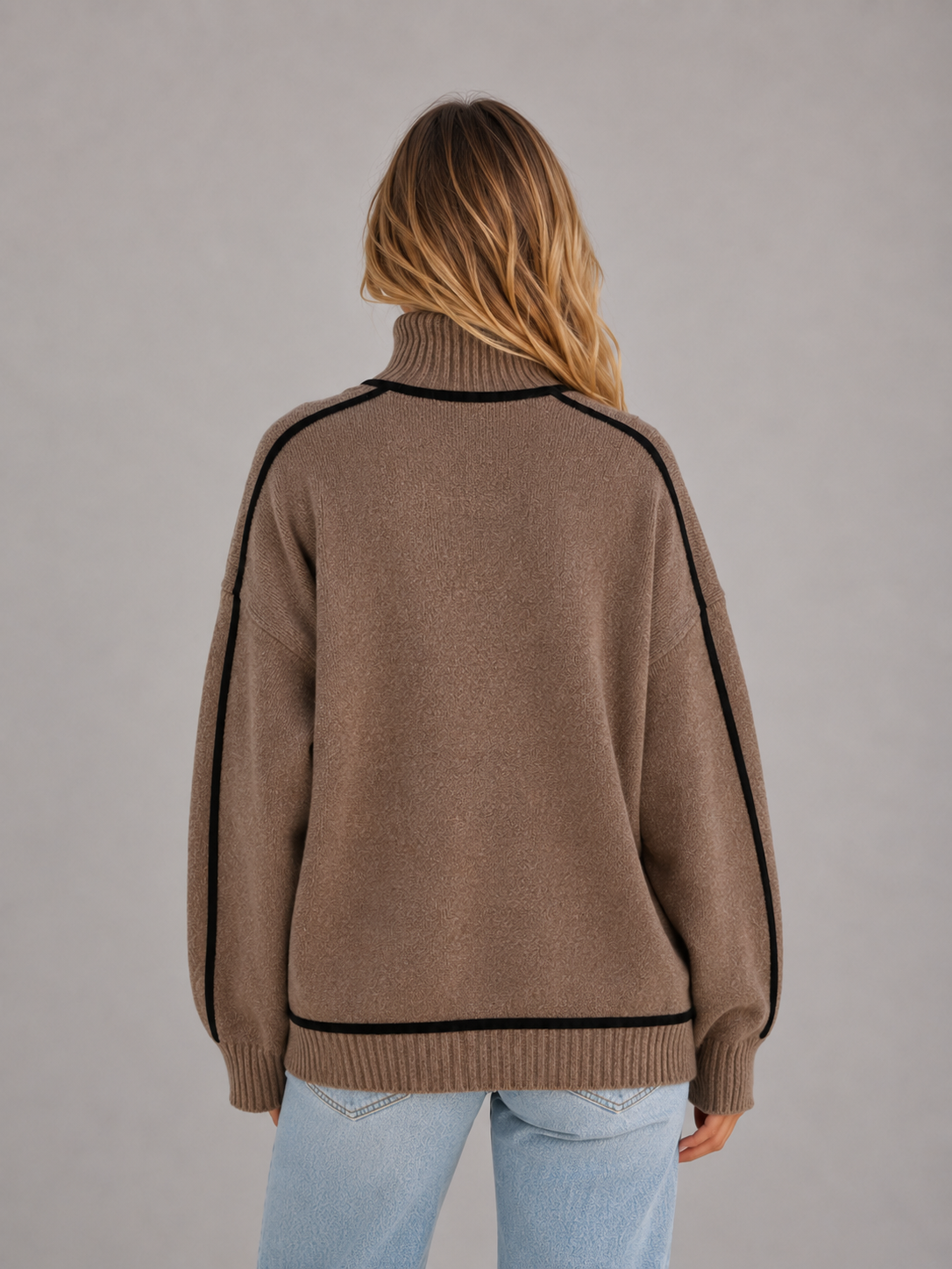Women's Soft Knit Oversized Turtleneck Sweater – Contrast Trim Cozy Pullover