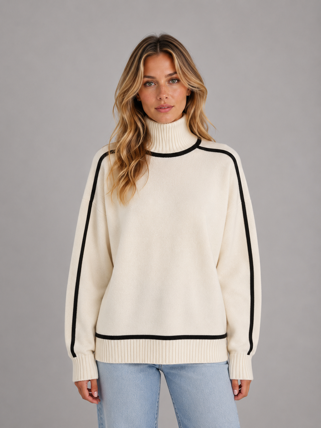 Women's Soft Knit Oversized Turtleneck Sweater – Contrast Trim Cozy Pullover