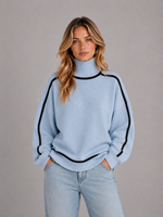 Women's Soft Knit Oversized Turtleneck Sweater – Contrast Trim Cozy Pullover