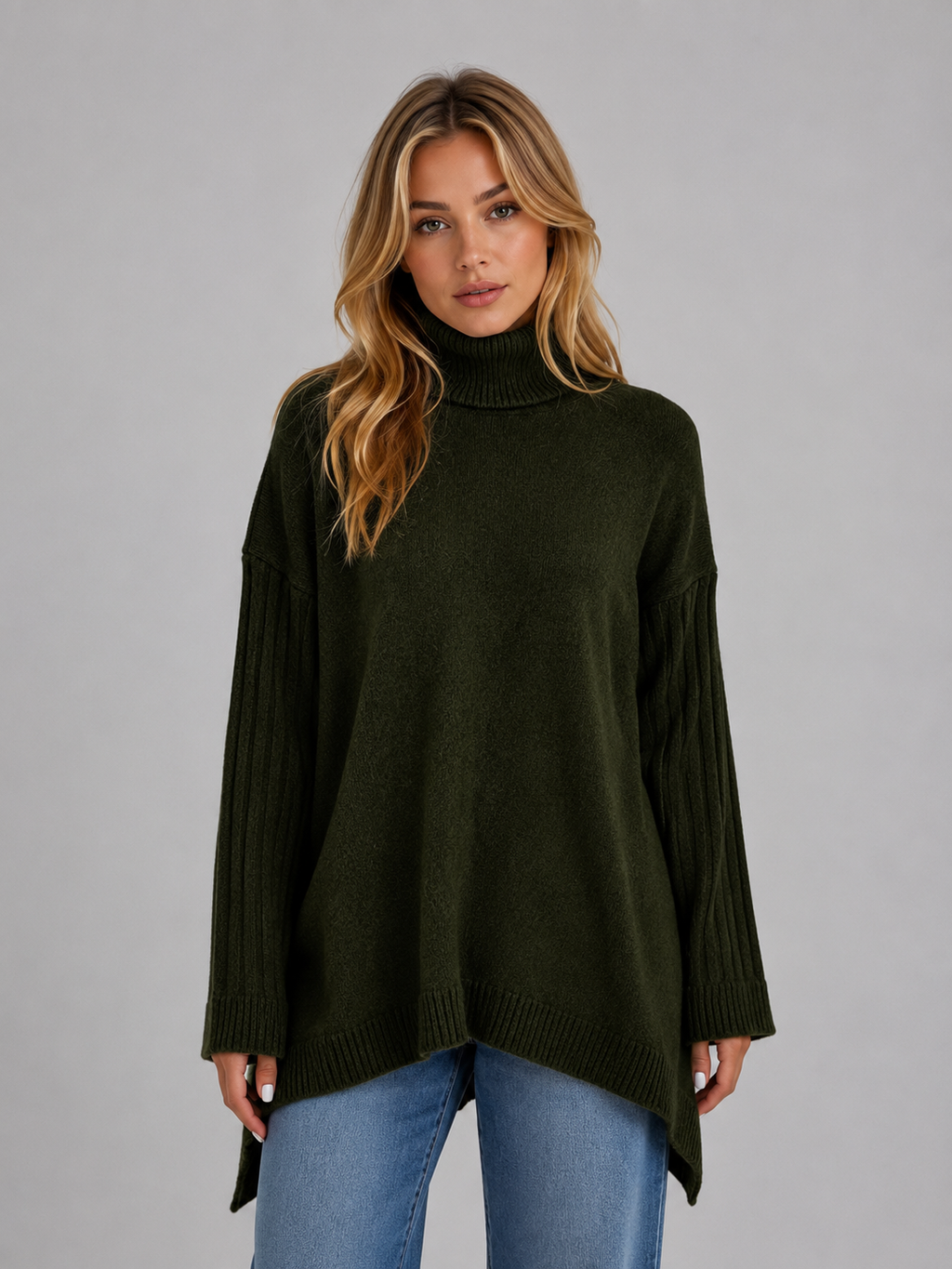 Women's Oversized Turtleneck Sweater – Soft Knit Longline Pullover