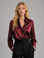 Women’s Satin Look Blouse – Button Up Long Sleeve Silky Shirt