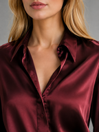 Women’s Satin Look Blouse – Button Up Long Sleeve Silky Shirt