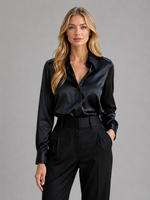 Women’s Satin Look Blouse – Button Up Long Sleeve Silky Shirt