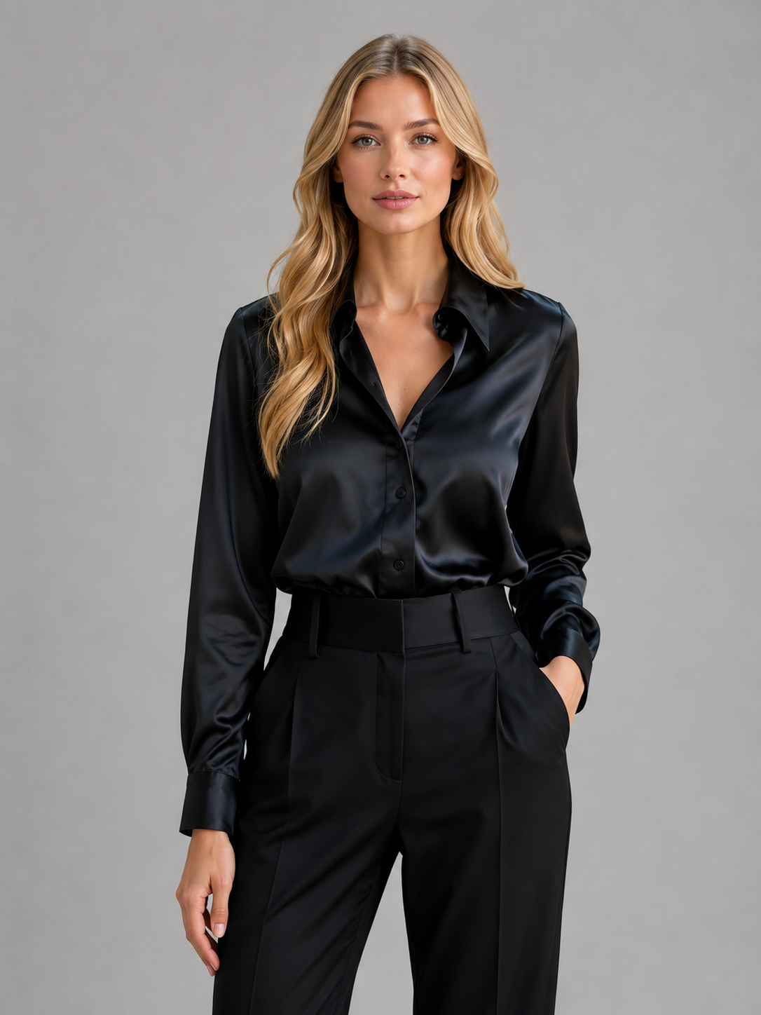 Women’s Satin Look Blouse – Button Up Long Sleeve Silky Shirt