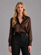 Women’s Satin Look Blouse – Button Up Long Sleeve Silky Shirt