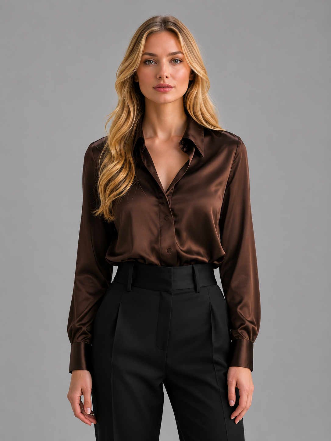 Women’s Satin Look Blouse – Button Up Long Sleeve Silky Shirt
