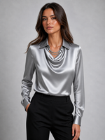 Women’s Satin Feel Blouse – Cowl Neck Long Sleeve Shirt