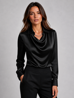 Women’s Satin Feel Blouse – Cowl Neck Long Sleeve Shirt