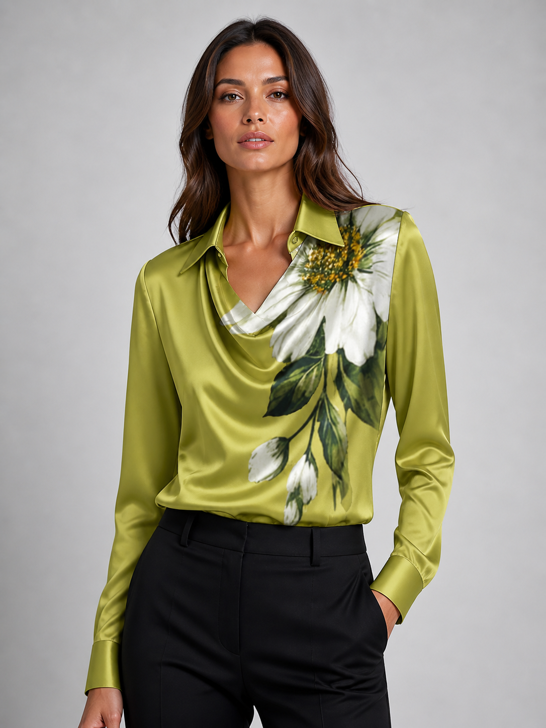 Women’s Satin Feel Blouse – Cowl Neck Long Sleeve Shirt