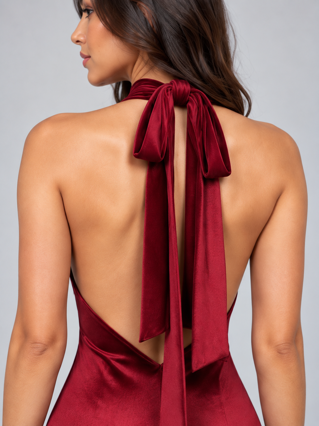 Women’s Satin Look Halter Neck Maxi Dress – Backless Tie Neck Evening Gown