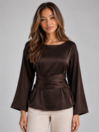 Women’s Satin Look Tie Waist Blouse – Long Sleeve Draped Evening Top