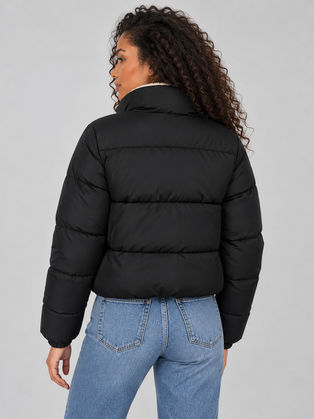 Women’s Sherpa Lined Puffer Jacket – Full Zip High Neck Winter Coat