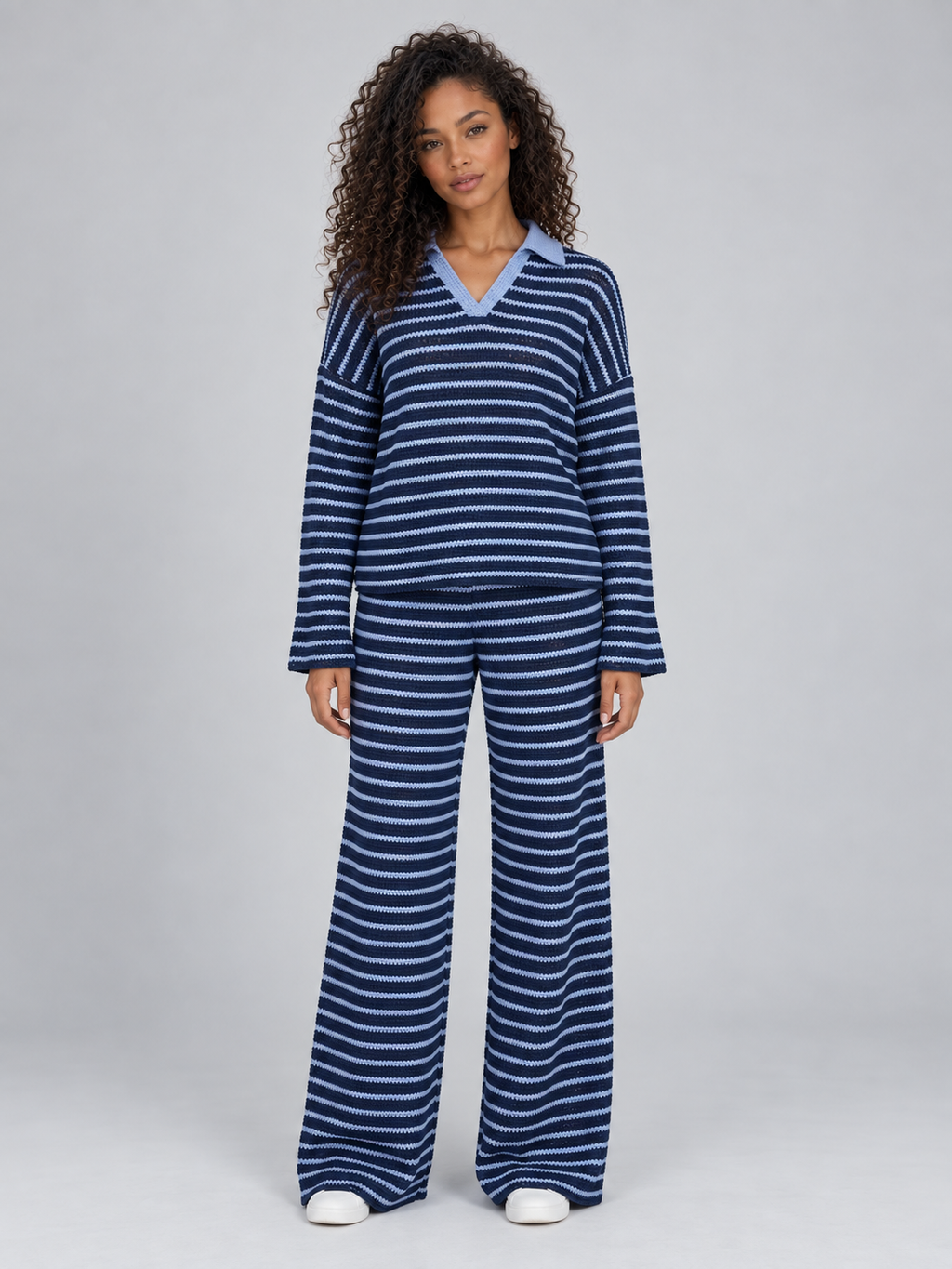 Women’s Striped Knit Two-Piece Set – Collared Sweater & Wide Leg Pants