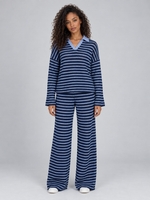 Women’s Striped Knit Two-Piece Set – Collared Sweater & Wide Leg Pants