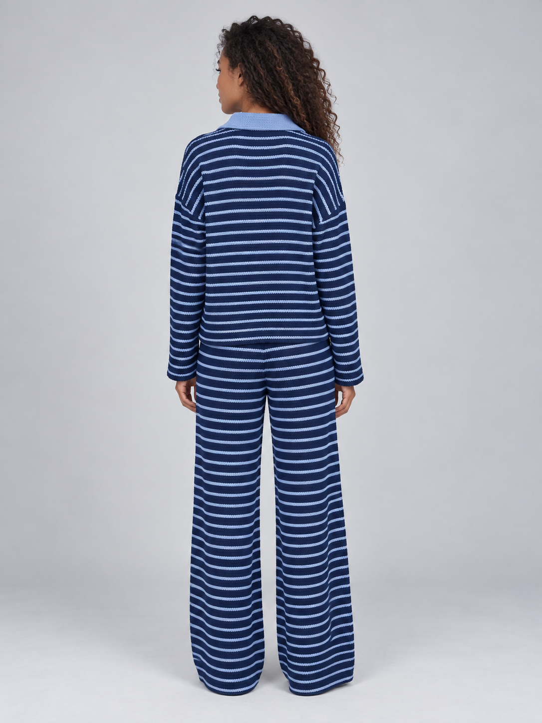 Women’s Striped Knit Two-Piece Set – Collared Sweater & Wide Leg Pants