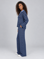 Women’s Striped Knit Two-Piece Set – Collared Sweater & Wide Leg Pants
